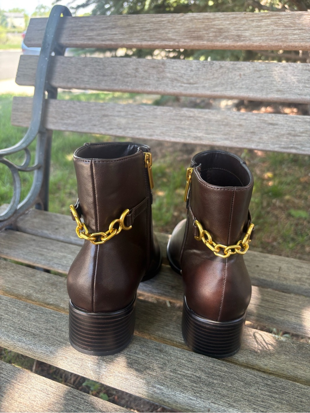Bandolino Despina Dark Brown Ankle Boots with Gold Chain